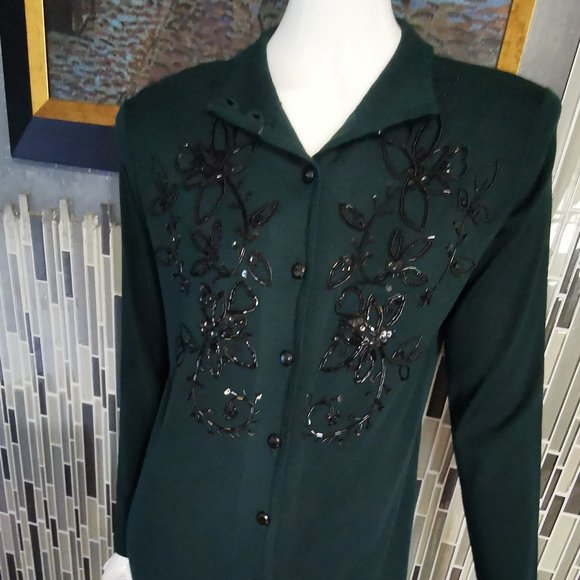 Vtg Liz Claiborne Dark Green wool blend knit dress Button Beaded Embellished M - Picture 1 of 9